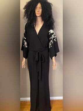 New York & Company Black Jumpsuit with White Floral Sleeve Embroidery